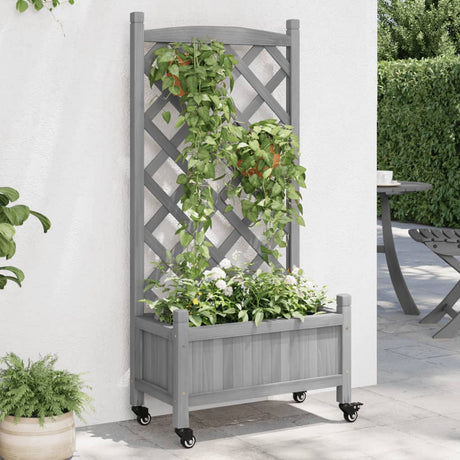 VidaXL Plantekasse med espalier og hjul, massivt gråt fyrretræ
