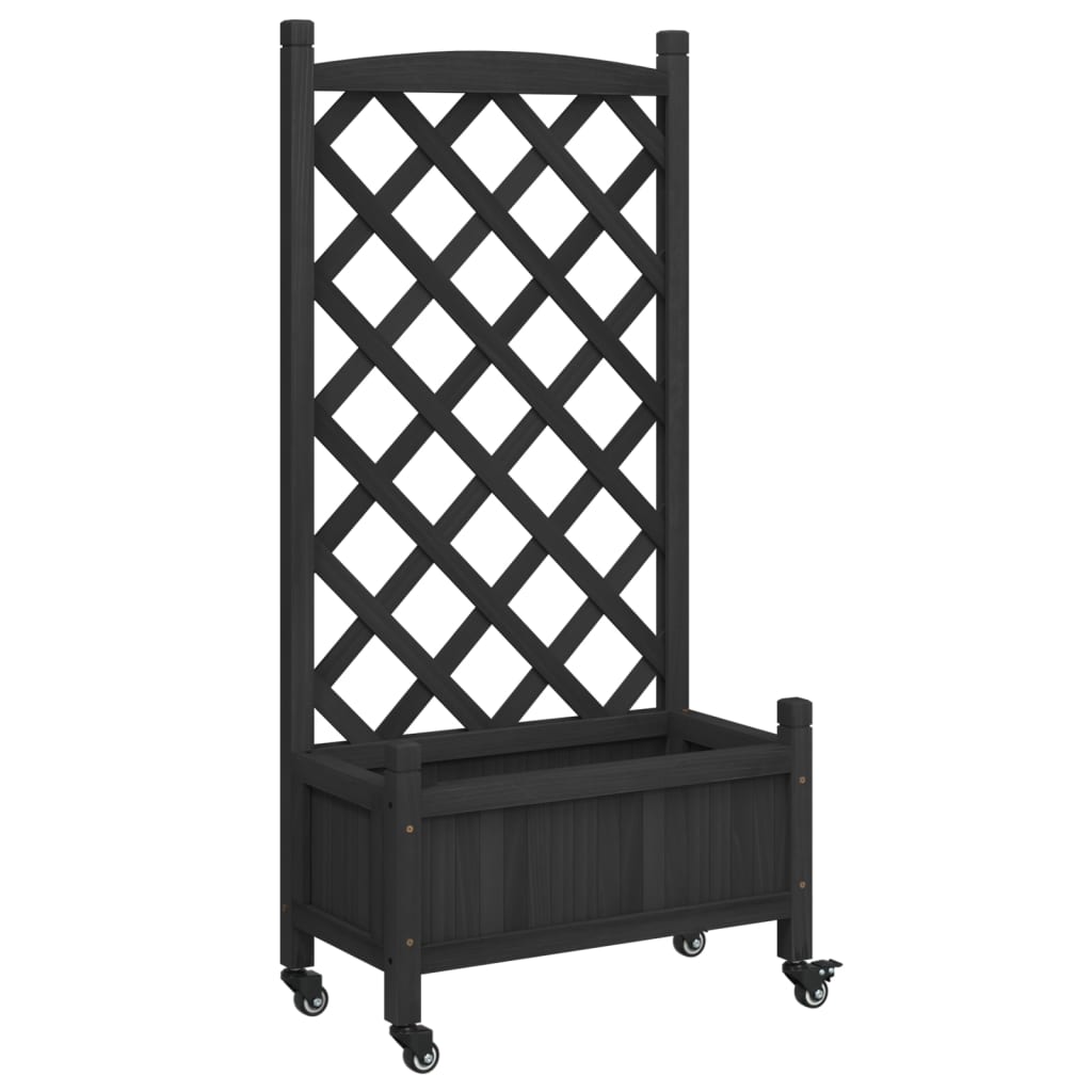 VidaXL Plantekasse med espalier og hjul, massiv fyrretræ, sort