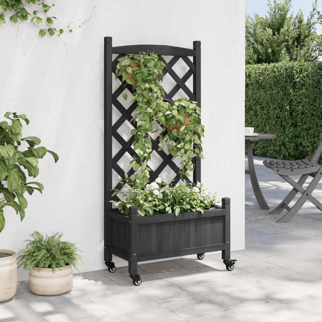 VidaXL Plantekasse med espalier og hjul, massiv fyrretræ, sort