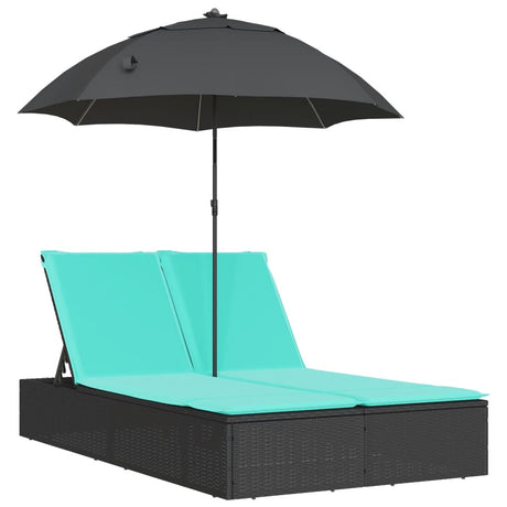 Vidaxl ligbed 2-persoons met kussens en parasol poly rattan zwart
