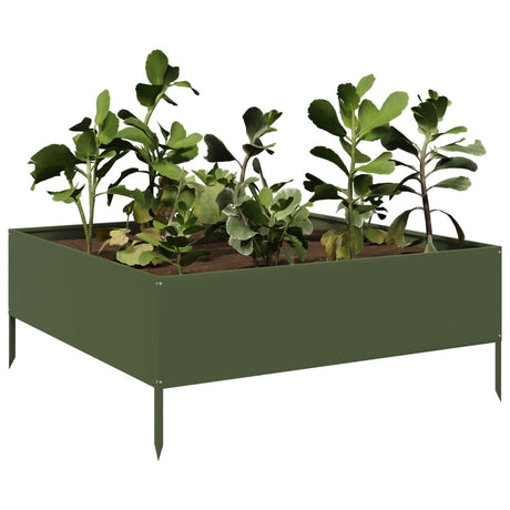 VidaXL plantekasse hævet 100x100x25 cm stål olivengrøn