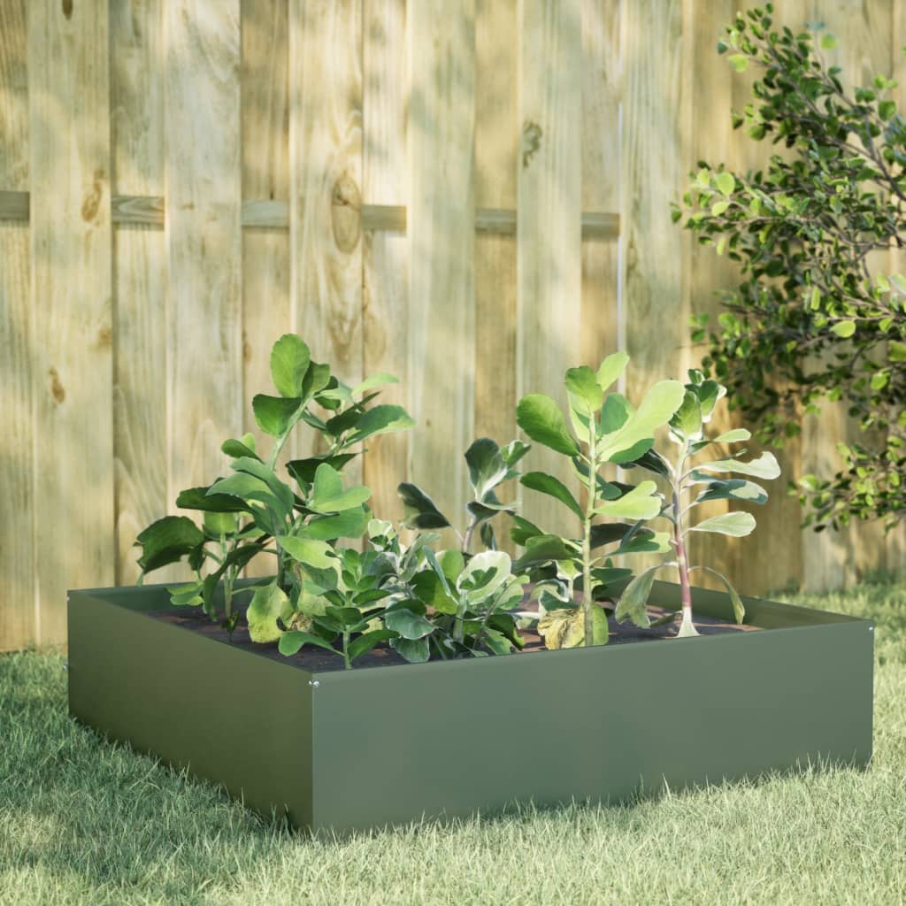 VidaXL plantekasse hævet 100x100x25 cm stål olivengrøn