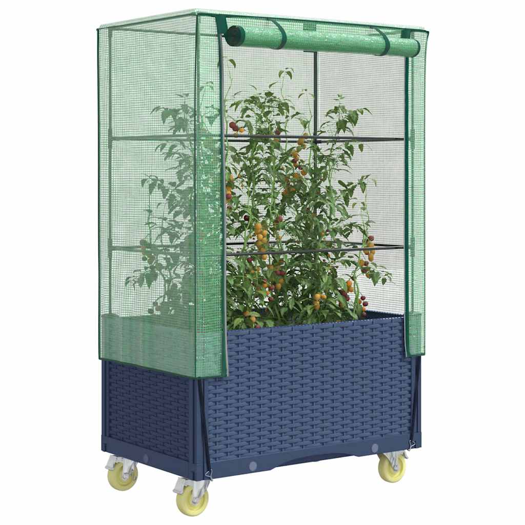 Vidaxx plantekasse hævet med dæksel og hjul 80x50x182 cm rattan look