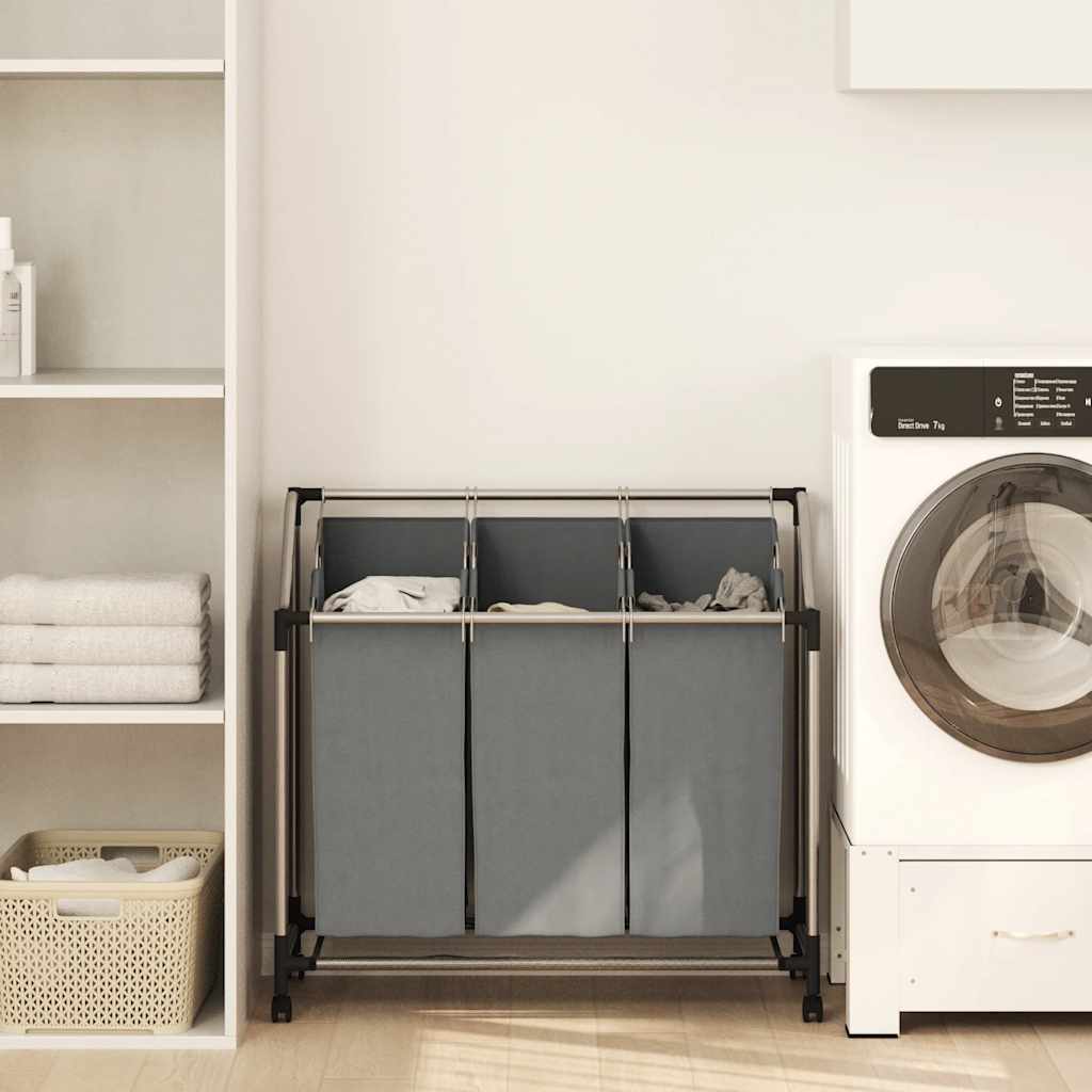 Vidaxl wasmand met wielen 3 vakken grijs