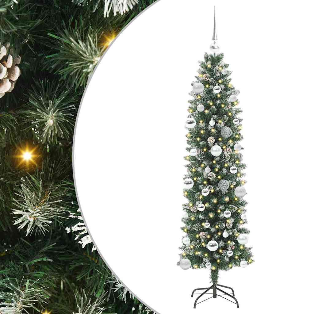 Vidaxl kunstmatige slanke kerstboom met 150 led groen en wit 150 cm
