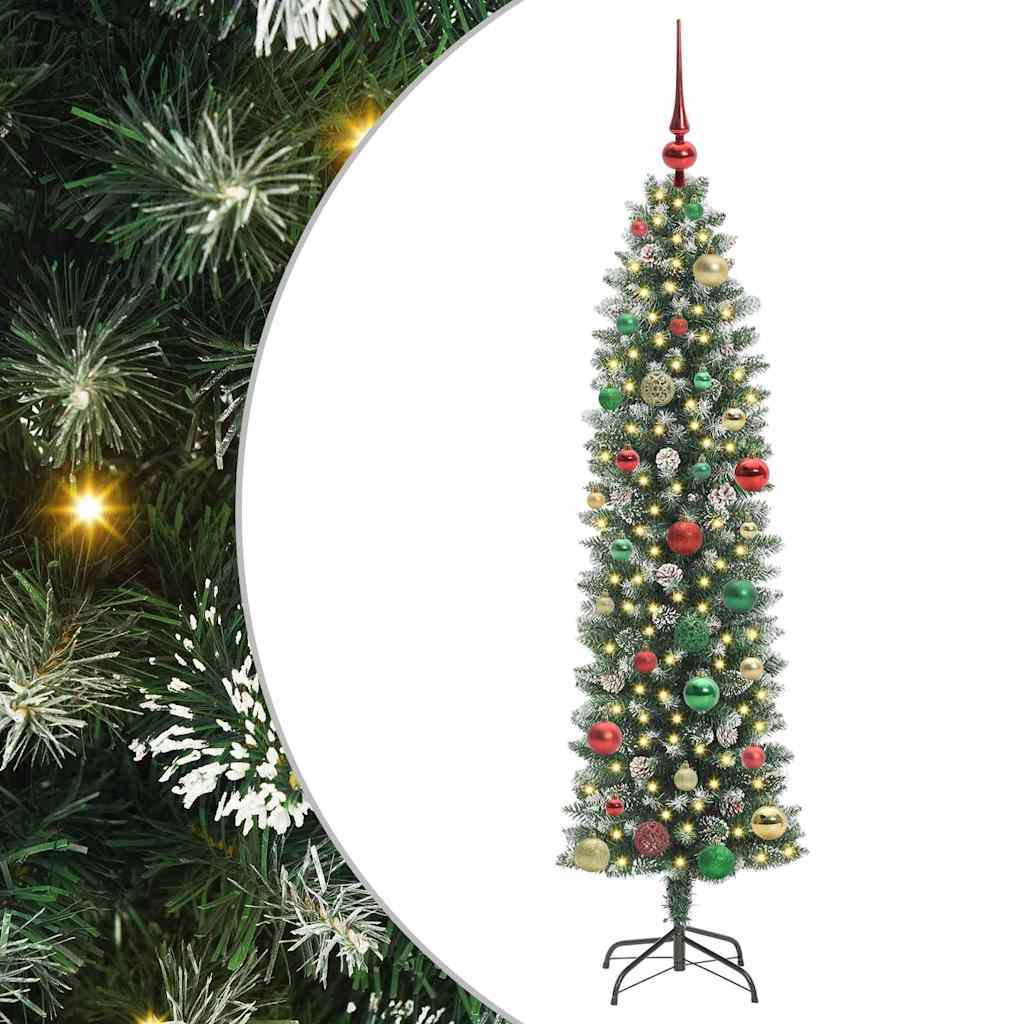 Vidaxl kunstmatige slanke kerstboom met 150 led groen en wit 150 cm
