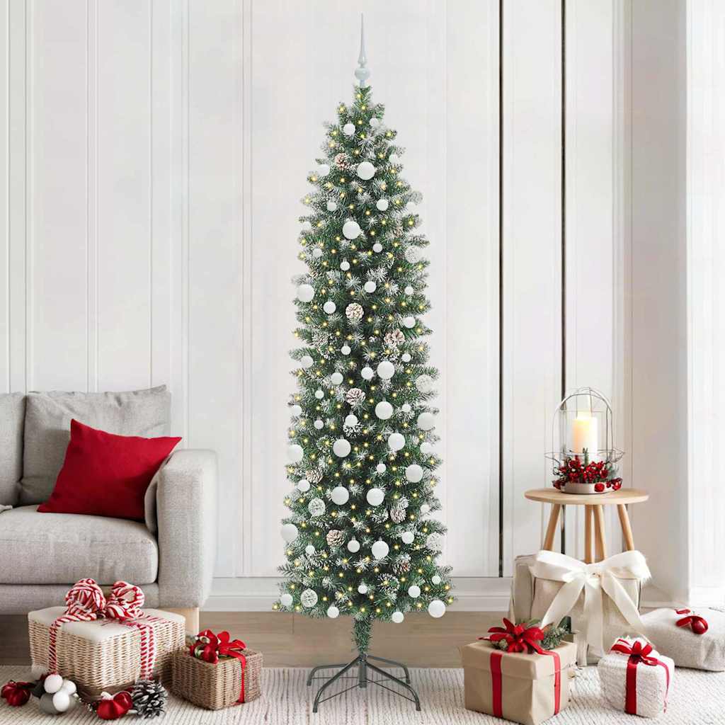 Vidaxl kunstmatige slanke kerstboom met 300 led groen en wit 210 cm