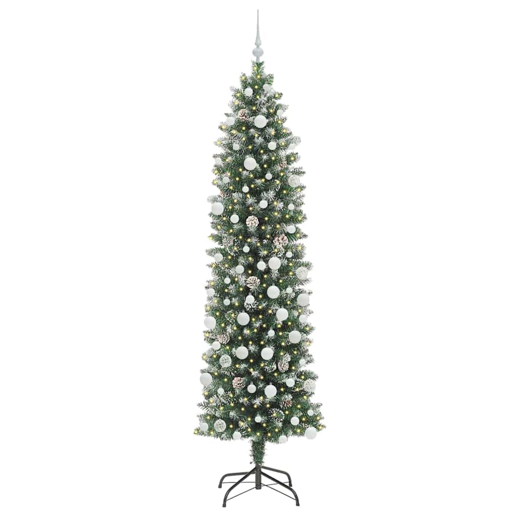 Vidaxl kunstmatige slanke kerstboom met 300 led groen en wit 210 cm