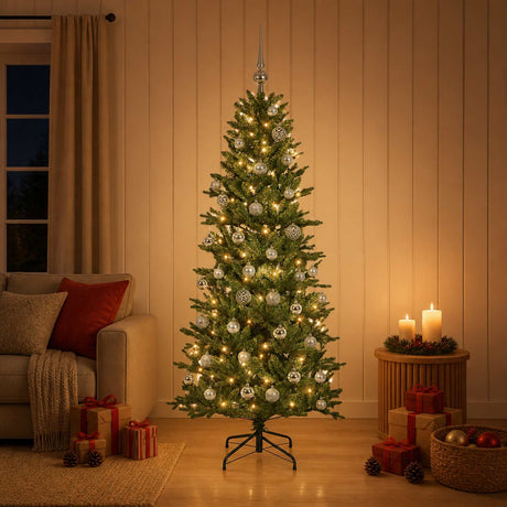 Vidaxl kunstkerstboom met kerstbal 150 cm 150 led's warmwit pvc en pe