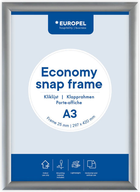 Europel economy kliklijst – posterlijst – a3 – 42 x 29,7 cm – 25mm – aluminium – zilver