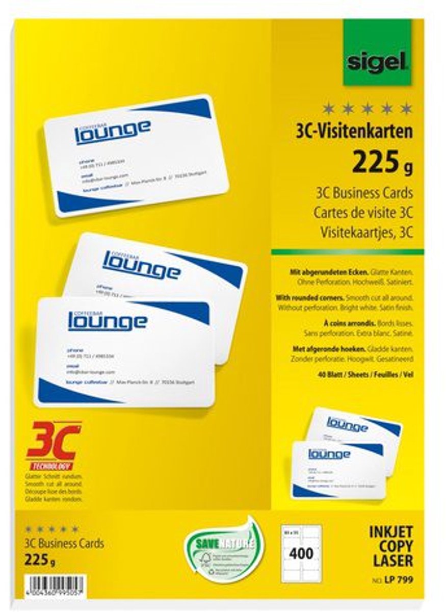 Sigel - visitkort - hvid - 85x55 mm - 225 gram - 400 styk - med afrundede hjørner - si-lp799