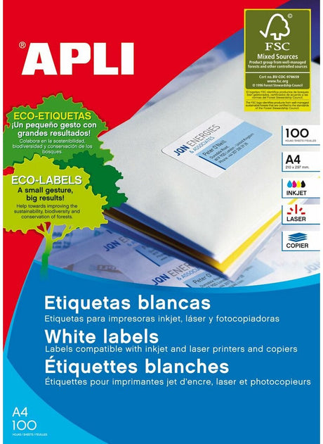 Apli selvklæbende etiketter 1281 100 ark 210 x 297 mm hvid