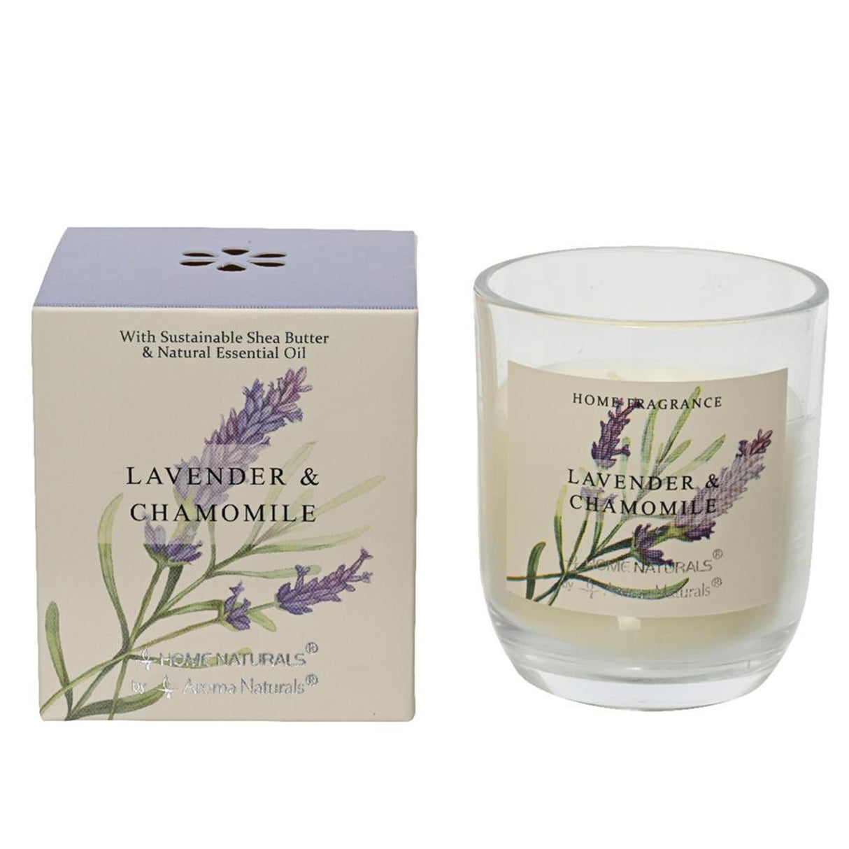 Decoris duftlys i glas lavendel og kamille 20% sheasmør voks dia7,8x9cm 20 brændetimer
