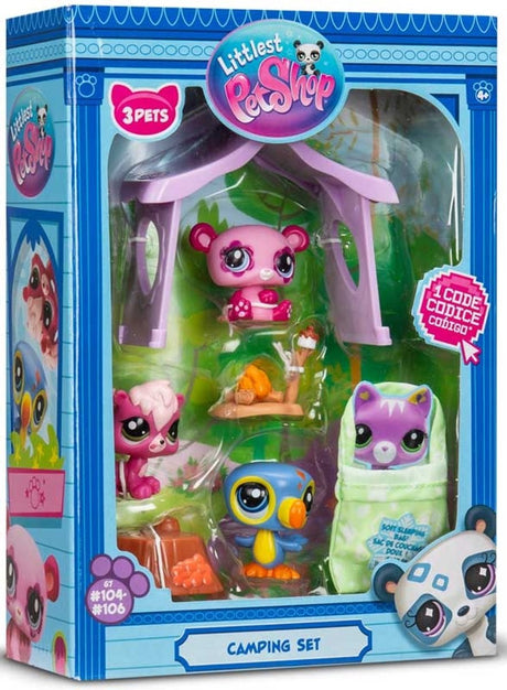 Bandai littlest pet shop - campingsæt pakke 3 dyr og tilbehør - littlest pet shop lps panda egern tukan - mini sød dyrefigur legetøjssæt - legetøj til børn i alderen 4 år og + - bf00574