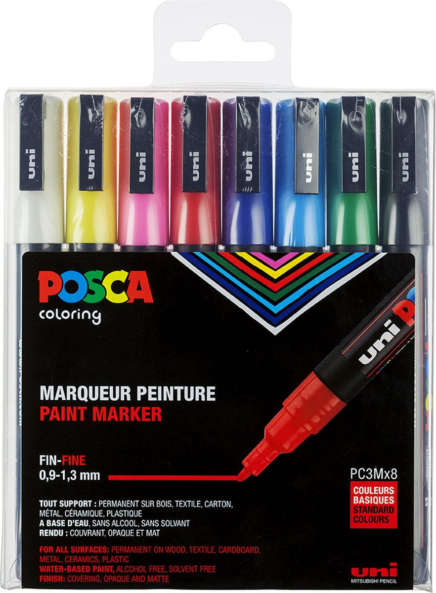 Posca uni markører standardfarver - 8 markører - pc3m 0,9-1,3 mm linje