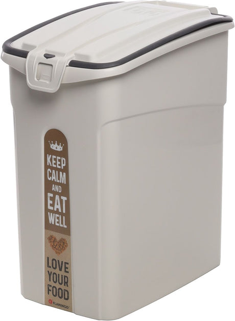 Flamingo voerton hond – 33l – rechthoekig – beige – met handvat – deksel met klepje dat vastklikt – inclusief schepje – kunststof – 26,5x42x46 cm – kolio