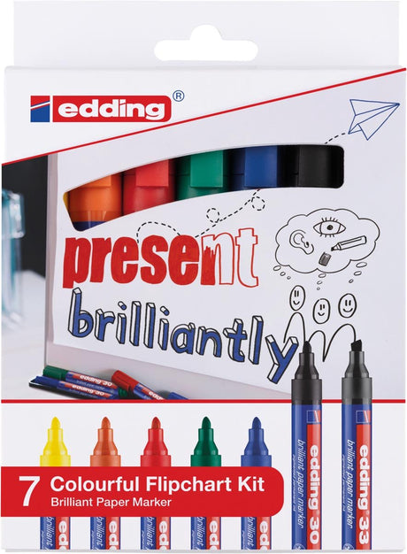 Edding 30 33 farverigt flipover-sæt - geniale papirtuschsæt - assorteret 7 dele: sort, rød, blå, grøn, gul, orange (e-30 6x e-33 1x) - 1,5-3 1-5 mm