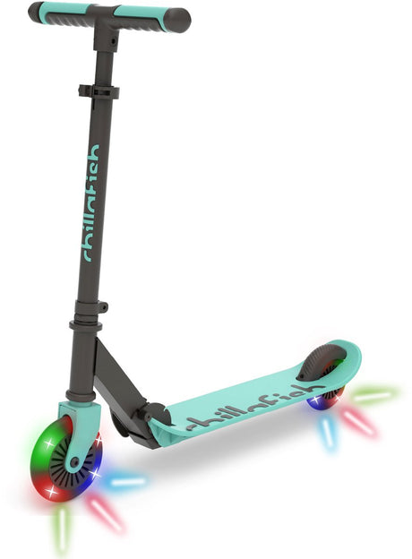 Chillafish børnescooter til drenge og piger fra 5 år med LED hjul - blågrøn - løbehjul med justerbart styr og fodbremse - foldbar og let med abec-5 hjul - ingen batterier påkrævet - model flexxi glow
