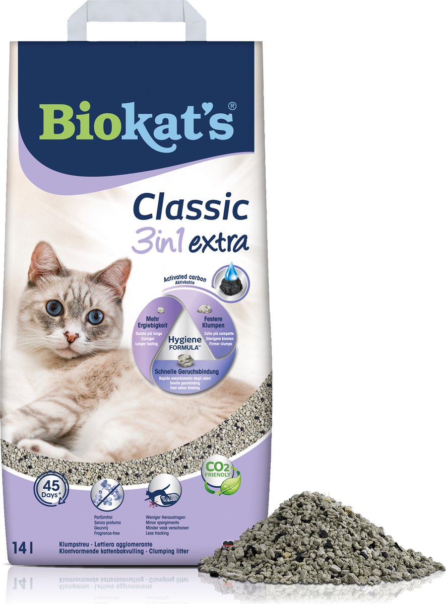 Biokats klassiske 3i1 ekstra - 14 l - kattegrus - klumper - parfumefri - aktivt kul