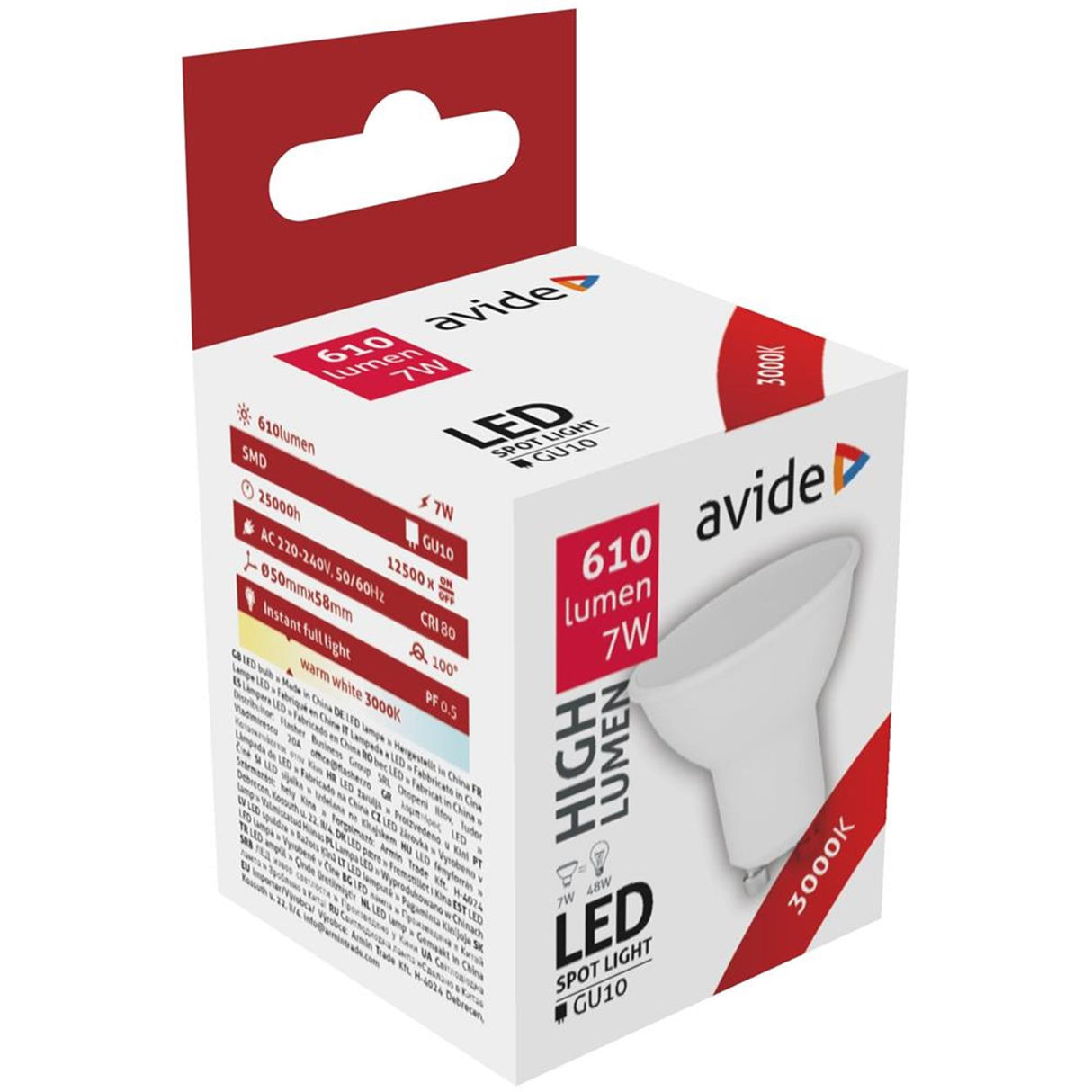 Avide LED spotlampe alu+plast 7w gu10 3000 kelvin varm hvid 610 lumen