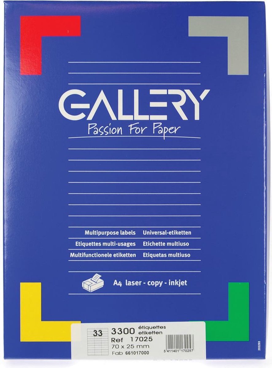 Gallery a selvklæbende etiketter 70x25,4 mm hvid, 3300 etiketter