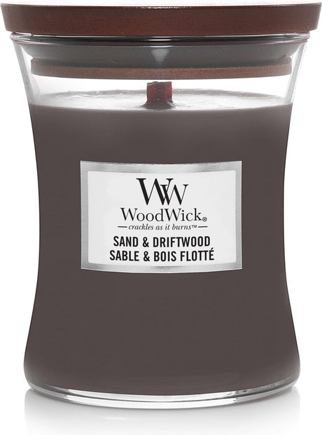 Woodwick timeglas medium duftlys - sand drivtømmer - 60 brændetimer