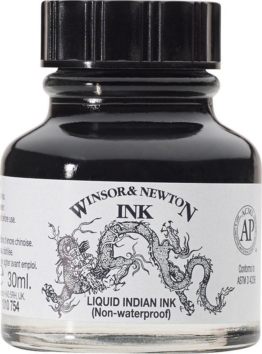 Winsor Newton 1010754 flydende indisk blæk 30 ml – Tegningsfarve, hurtigttørrende, til pensel, pen og airbrush