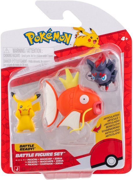 Jazwares pokémon - kampfigur 3 pack pikachu, zorua, magikarp med stativ