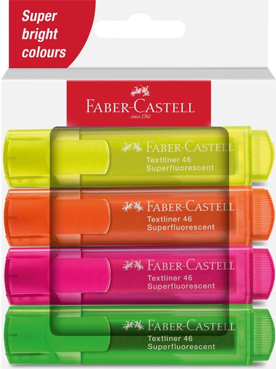 Faber-castell highlighter faber castell 46 4 stk gul - orange - grøn - pink i papkasse