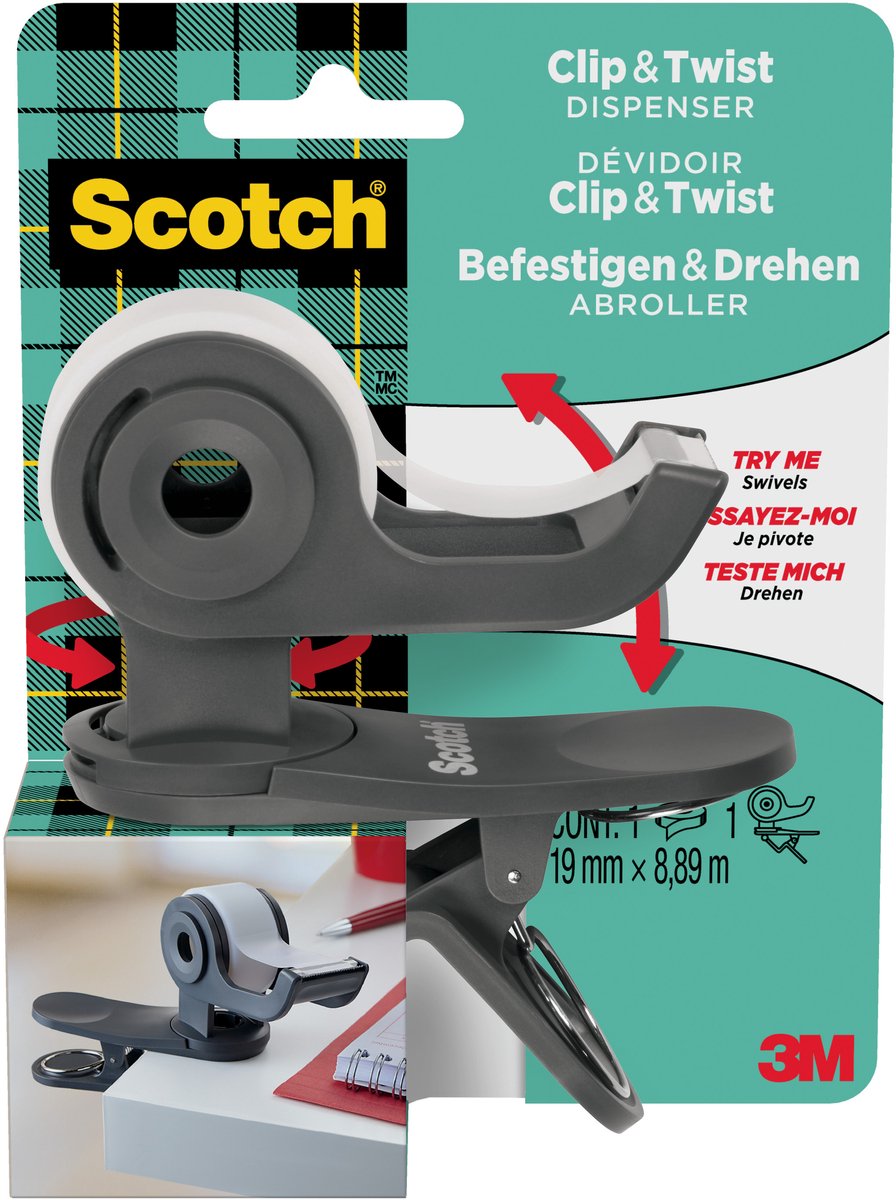 Scotch - tapeholder klip c19 mørkegrå + 1 rulle magic e 19mmx8,89m
