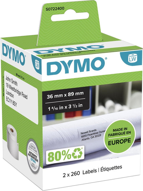Dymo originale store labelwriter adresselabels | 36 mm x 89 mm | 2 ruller med hver 260 etiketter (520 selvklæbende etiketter) | velegnet til etiketskriveren etiketprintere | lavet i europa