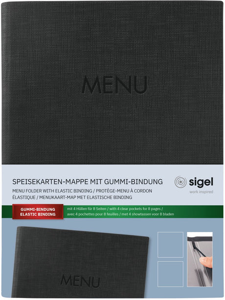 Sigel menukortmappe - størrelse A5 - til 8 ark - sort - si-sm203