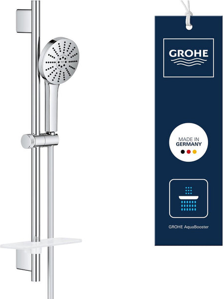 Grohe vitalio joy+ 120 brusesæt med brusestang - med brusehoved, bruseslange, sæbeskål - 3 stråletyper - aqua booster - vandbesparende (7l min) - krom