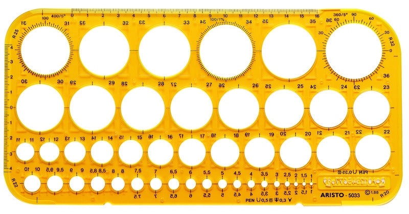 Aristo cirkelskabelon - mål 260x130mm - diameter 1 til 36mm - 45 cirkler - orange gennemsigtig - ar-5033