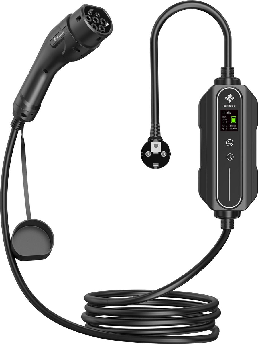 Evbee flex oplader - schuko til (ev) type 2 - infoskærm - indikation af opladningstid