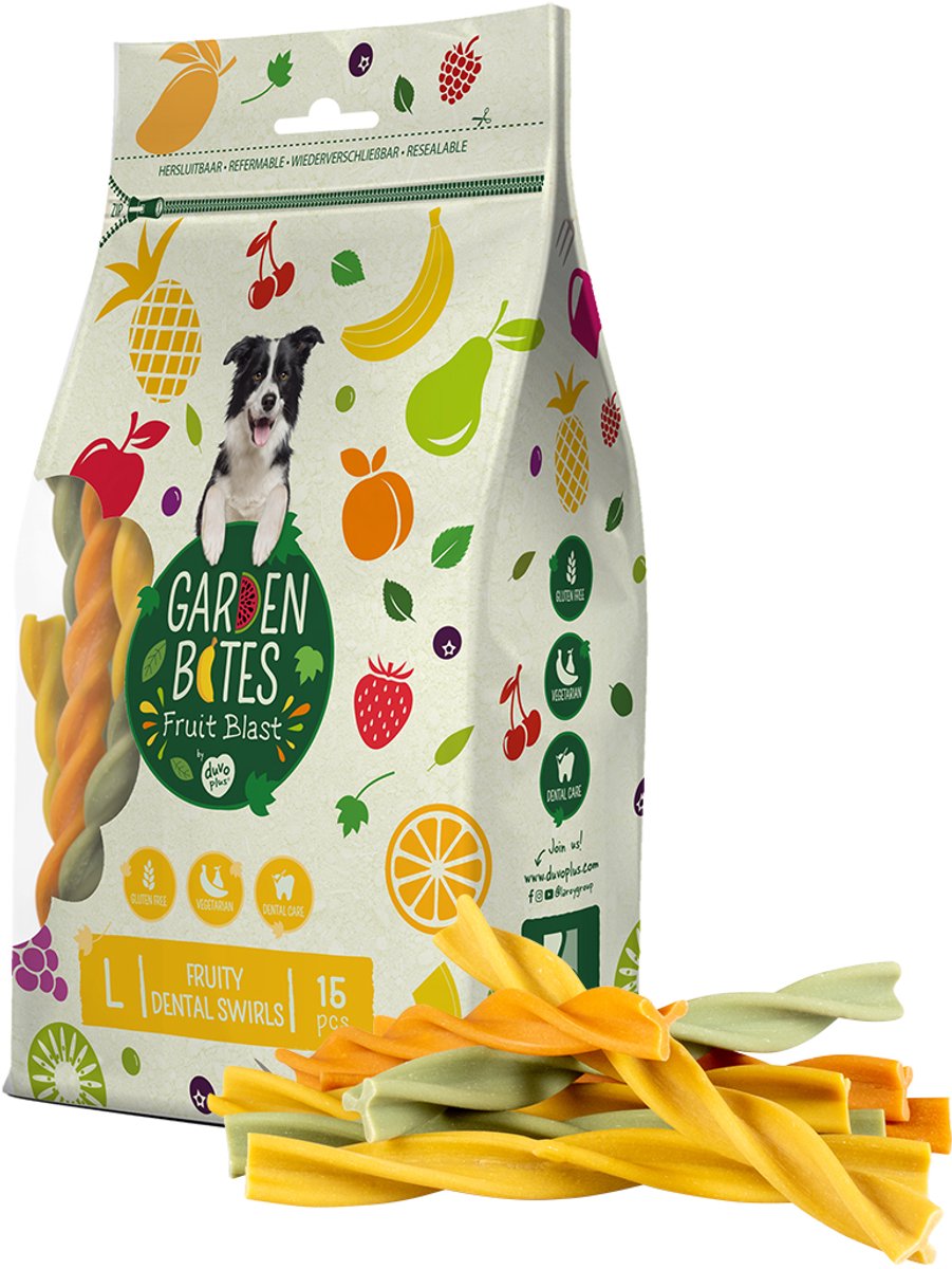 Havebid duvoplus - frugtagtige dental swirls hundesnacks - hundegodbidder - vegetarisk glutenfri - store 15 stk.