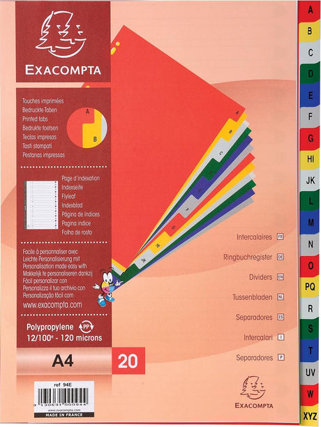 Exacompta-faner til ft a4, fra pp, fra a til z, 20 faner, med indeksark, assorterede farver