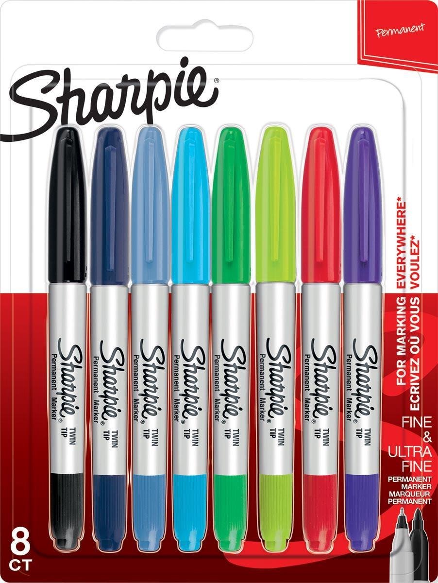 Sharpie permanent markør med to forskellige punkter | fin og ultrafin punkt | forskellige farver | 8 stk