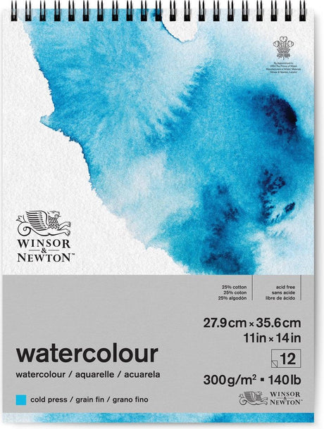 Winsor Newton 6662583 akvarelpude spiralpude – 300 g m², 12 ark, koldpresset, kornfinne - akvarelpapir 27,9 x 35,6 cm