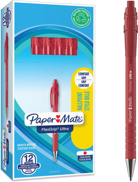Paper mate flexgrip ultra kuglepen med trykknap | mellempunkt (1,0 mm) | rød | 12 stk
