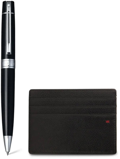 Sheaffer kuglepen gavesæt - 300 g9312 - blank sort forkromet - med kreditkortholder - sf-g2931251-2