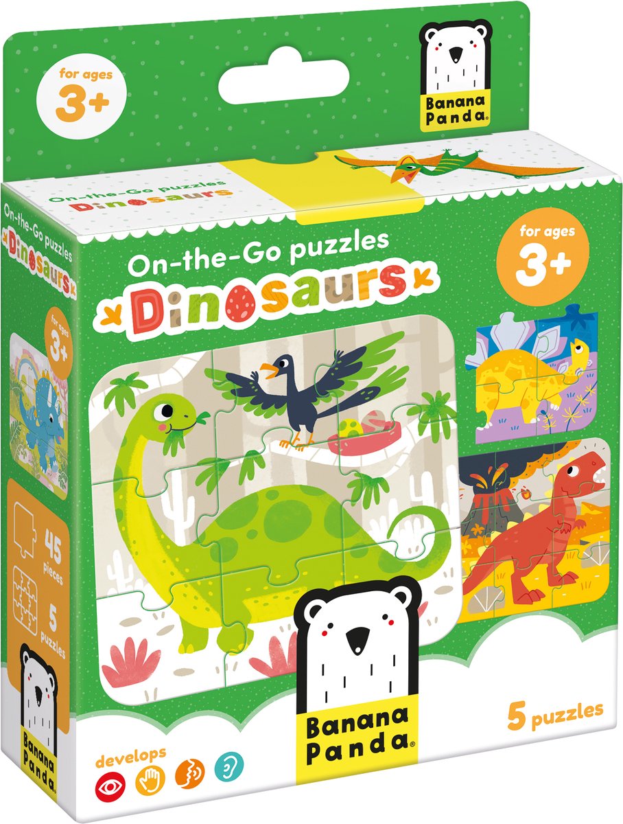 Banan panda på farten puslespil dinosaurer 3+ - fem puslespil af 9 brikker - sjovt dino puslespil legetøj.
