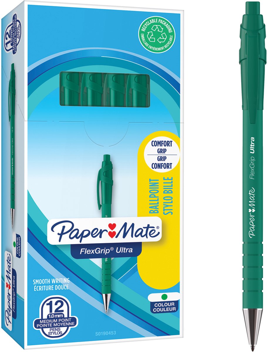 Paper Mate FlexGrip Ultra tilbagetrækkelige kuglepenne | mellempunkt (1,0 mm) | grøn | 12 stk