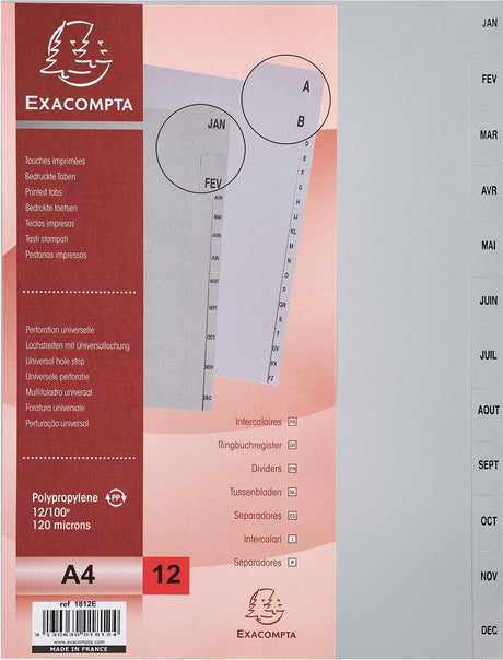 Exacompta faner månedligt a4, fra pp, 12 faner, jan-dec, grå, fransk