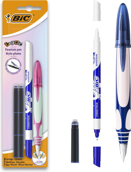 Bic easy clic ergonomisk fyldepen - pink eller blå - højre eller venstrehåndet - 1 fyldepen med blæk viskelæder og 6 blækpatroner