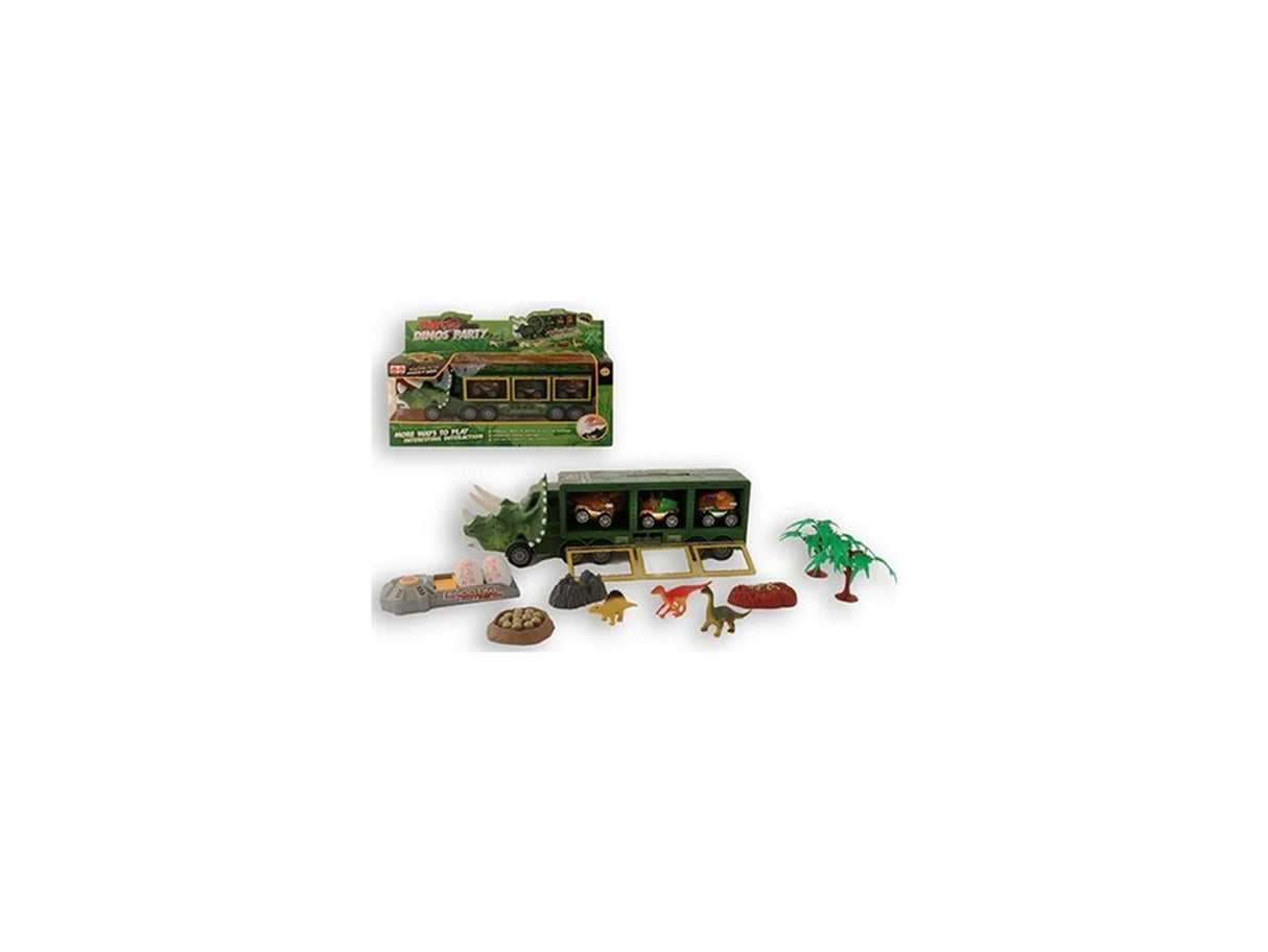 Dino lastbil 34cm med 3 friktionsskydende dino biler