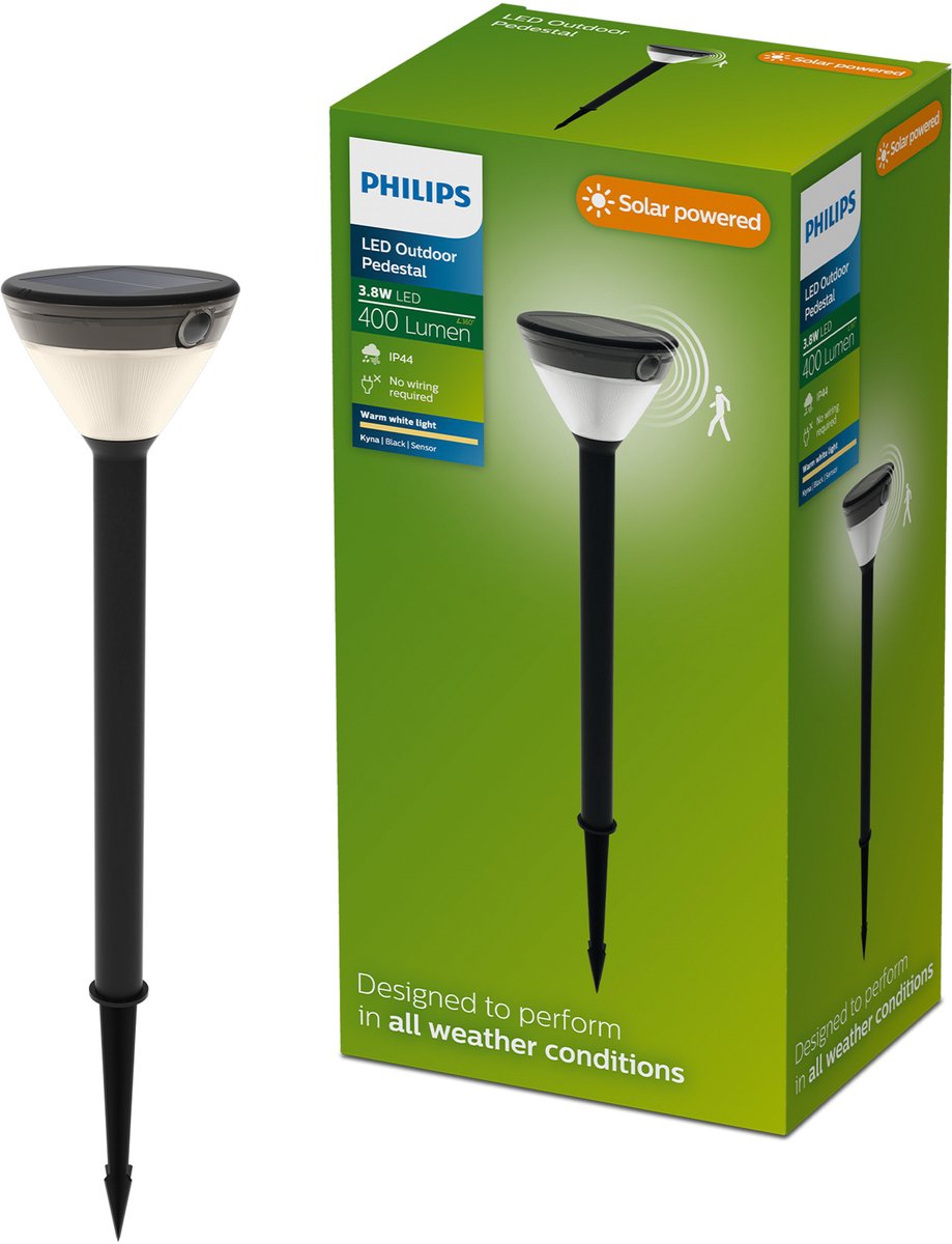 Philips led philips kyna solar sokkellamp - zonne-energie - warmwit licht: 2700k - zwart - twee lichtstanden - schemersensor - bewegingssensor - ip44: weerbestendig - solar buitenverlichting