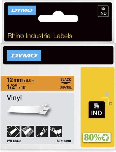 Dymo næsehorn industrielle vinyletiketter | 12 mm x 5,5 m | sort print på orange | selvklæbende etiketter til rhino label manager etiketprintere