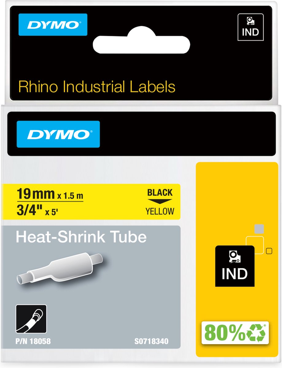 Dymo næsehorn industrielle varmekrympeslange etiketter | 19 mm x 1,5 m | sort tryk på gul | til rhino label printere