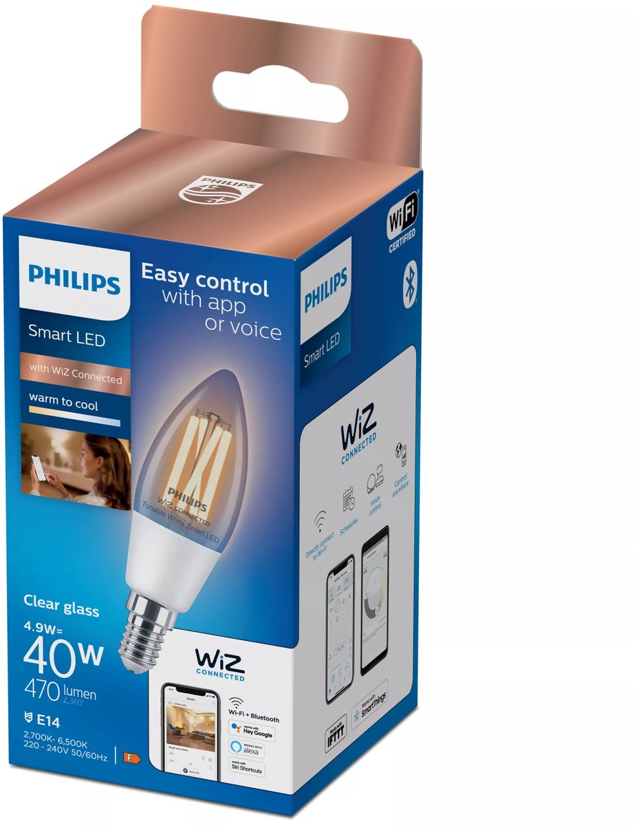 Philips led philips smart lighting - kaarslamp filament - slimme led verlichting - warm tot koelwit licht - 470 lumen - e14 - 40w - transparant - 1 stuk